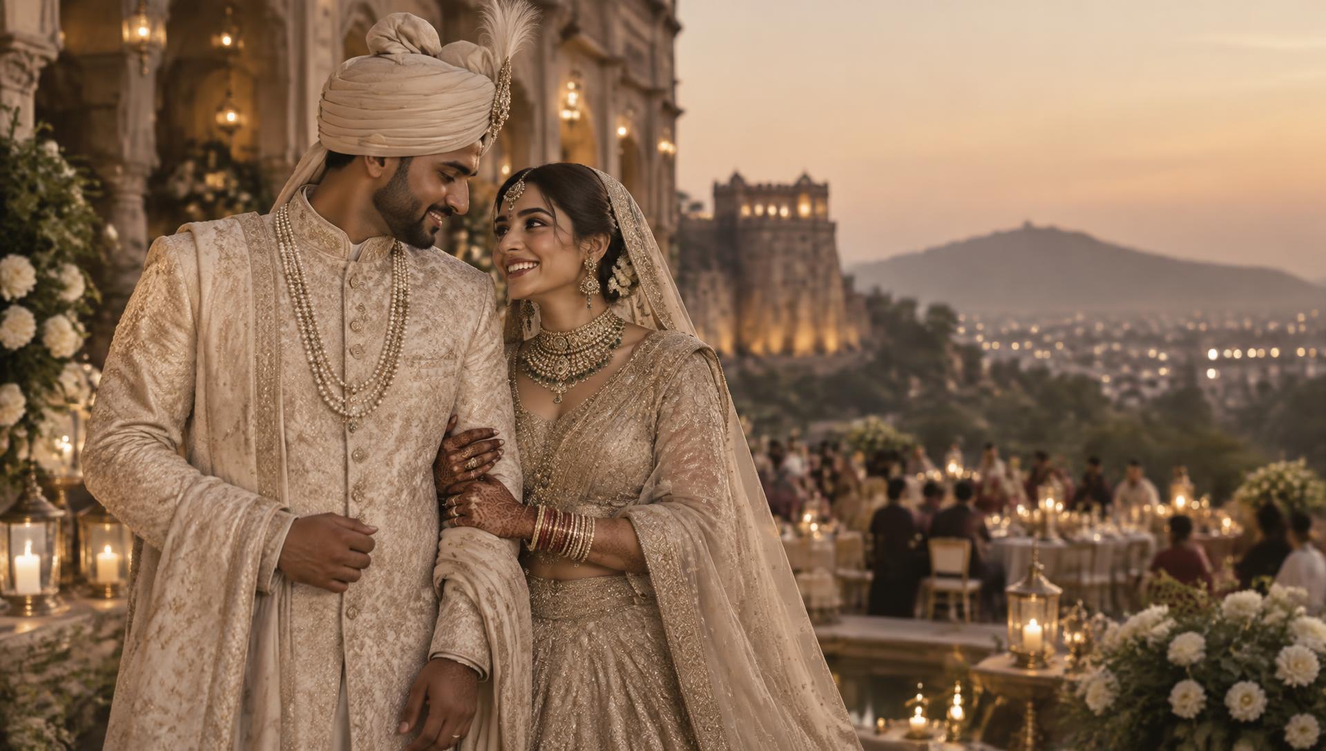 Indian wedding couple photographed at golden hour
